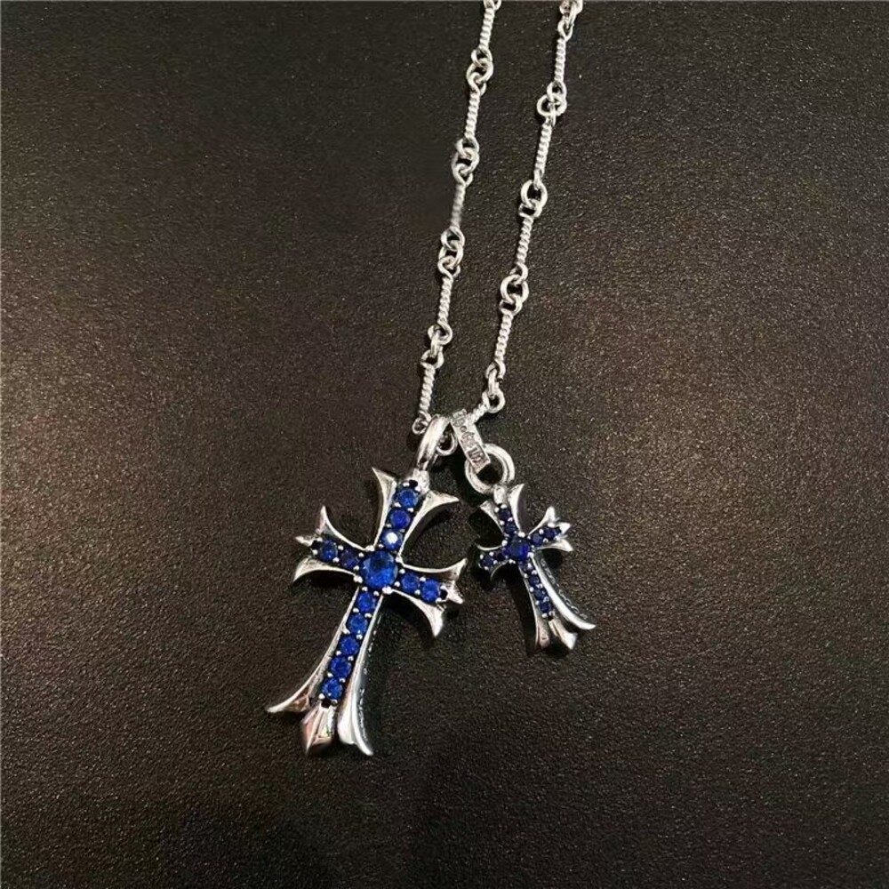 Chrome Hearts Double Cross Blue Gemstone Pendant Necklace